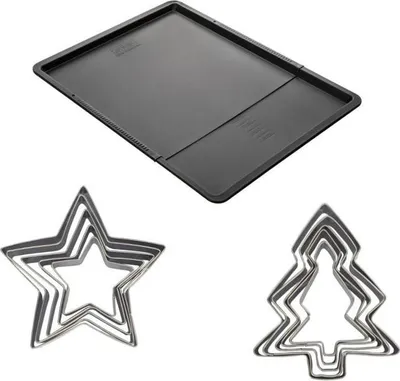 Produktbild von Backblech-Set mit Ausstechern, Zenker Ausziehbares Backblech, 10 Stern- und Tannenbaum Ausstecher, Edelstahl Antihaftbeschichtung, 37-52 x 33 cm