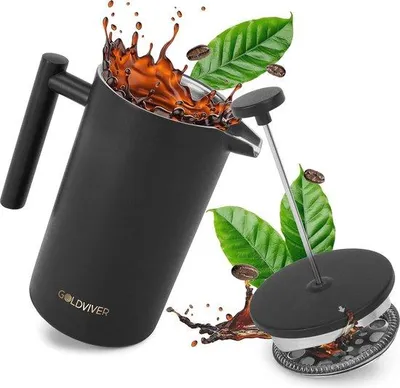 Immagine prodotto di French press in acciaio inossidabile da 1 litro, a doppia parete, isolata, per caffè e tè