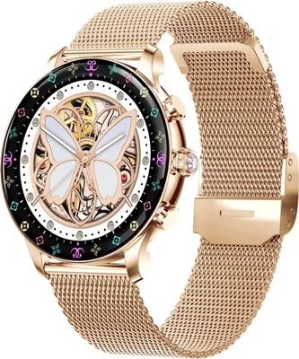A close-up studio shot of a rose gold smartwatch with a butterfly design on the face.