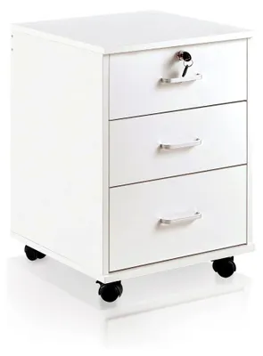 Produktbild von Abschließbare Rollcontainer mit 3 Schubladen, Aktenschrank für unter den Schreibtisch, Büroschrank mit Rollen, für Dokumente in DIN A4, Legal, Letter-Format, Büromöbel, Weiß