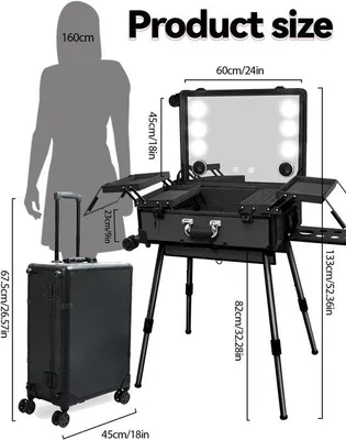 Produktbild von Kosmetikkoffer auf Rollen – Professioneller Kosmetikkoffer – Mit beleuchtetem Spiegel und Bluetooth – 74 x 56 x 30 cm – Schwarz