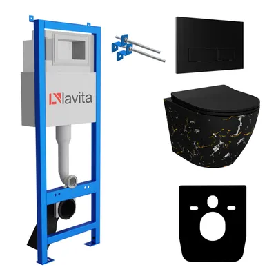 Produktbild von Lavita LAV 101 Vorwandelement für WC 40cm + Wand Hänge Tiefspül WC SOFI SLIM FIRE Schwarz Spülrandlos + Bedienplatte LAV 200.3.4 Schwarz | Komplettset | Unterputz Spülkasten | Toilette Komplett Sett