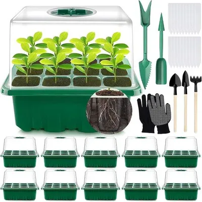 Produktbild von Famanu Anzuchtkasten für Innenräume - 10 Stück, 120 Zellen, Mini-Gewächshaus mit 2 Gartenwerkzeugen