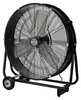A black industrial fan with a metal grill and stand, shown in a studio setting against a white background.