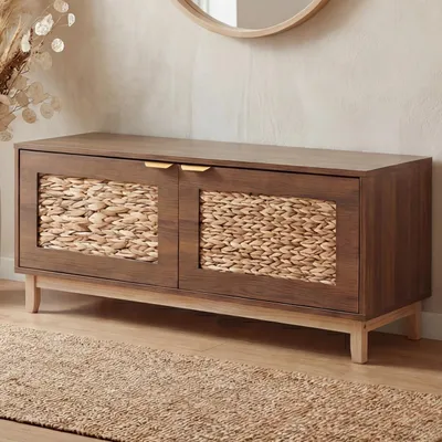 Image de Banc HWC-P54, banc de vestiaire, étagère à chaussures, rangement à chaussures, MDF mélaminé, façade en jacinthe d'eau, 45 x 100 x 42 cm ~ marron