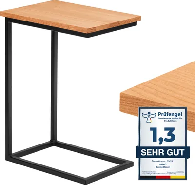 Produktbild von LAMO Manufaktur Beistelltisch | Laptoptisch | Sofatisch | mobiler Kaffeetisch | Nachttisch | 45x30x60 cm | Gestell Schwarz | 100% Echtholz Massiv Platte farbe: Natur