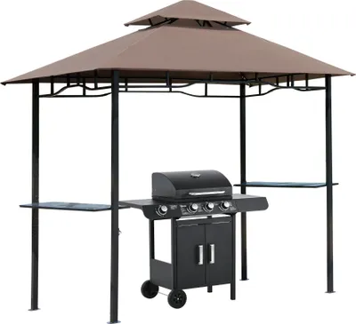 Obrázok produktu pre Fortuna Lai Grilovací pavilón Záhradný stan s dvojitou strechou odolnou proti ohňu 245 x 148 x 252 cm v kávovo hnedej a čiernej farbe pre záhradné party a outdoorové aktivity