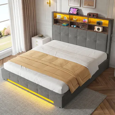 Produktbild von okwish 160×200 Jugendbett mit USB-C und LED, Polsterbetten mit Stauraum-Kopfteil und Bettkasten, Doppelbett in Dunkelgrau,ohne Matratze