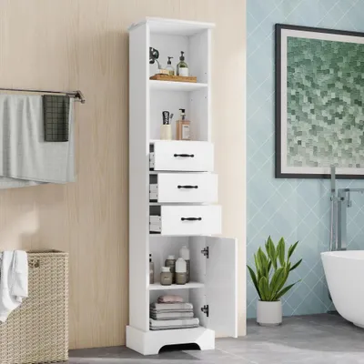 Image de Armoire de salle de bain - 38 x 26 x 172,5 cm. Meuble haut - Autoportant - 3 tiroirs - 2 étagères ouvertes - Portes d'armoire - Étagères réglables - Blanc