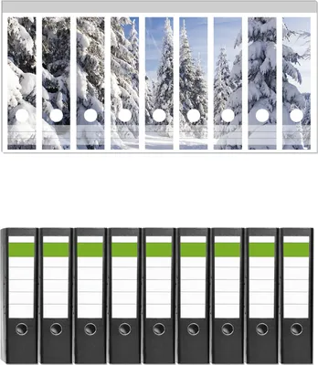 Produktbild von Wallario 9 Stück breite Ordner inkl. Klebeetiketten mit Motive Wanderweg im Schnee -  Set mit Rückenschildern / Ordnerrücken Stickern
