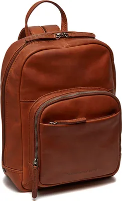 A brown leather backpack is shown against a white background.
