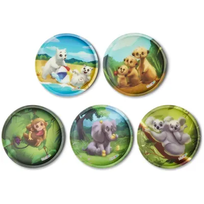A collage of five round images, each featuring a different cartoon animal family in a natural setting.