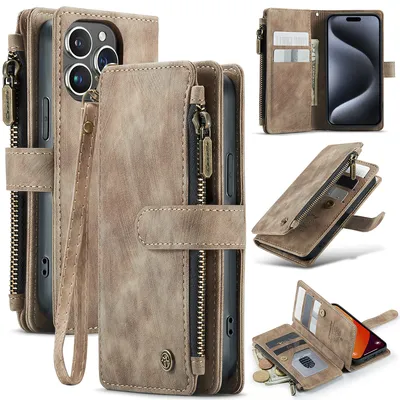 Obrázek produktu pro Kůže pouzdro pro iPhone 15 Pro,PolyuretanKožené Pouzdro na Zip, Magnetické Uzavírání, Kapsa na Karty, Stojánek, Peněženka pouzdro hnědé