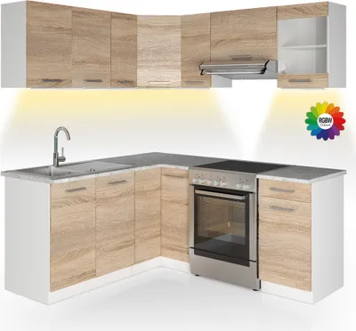Image de Cuisine d'angle Vicco Rick Sonoma/blanc 187x60cm , PT Marbre avec bande LED, Model 51941