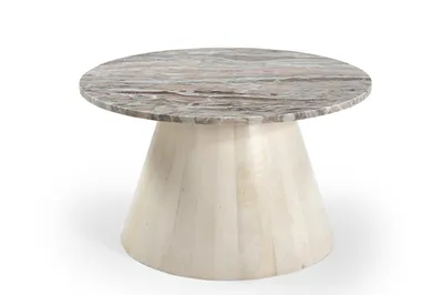 Zdjęcie produktu dla Marmoholz - stolik kawowy Bari okrągły Ø70 cm x H40 cm z naturalnego szarego marmuru i bielonego drewna mango, stolik w stylu japandi i skandynawskim