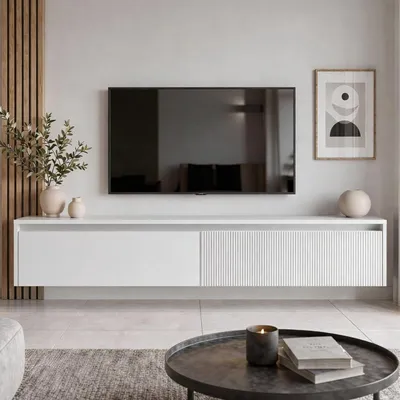 Produktbild von Modernes TV-Lowboard 170 cm LUMI IV Weiß Matt, Hängender Fernsehschrank mit LED-Beleuchtung & Push-to-Open
