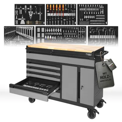 Produktbild von Mephisto Werkstattwagen „TWIN Advanced“ Industrial Line mit 6 Schubladen und 299-teiligem Werkzeugsatz mit Holzabdeckung