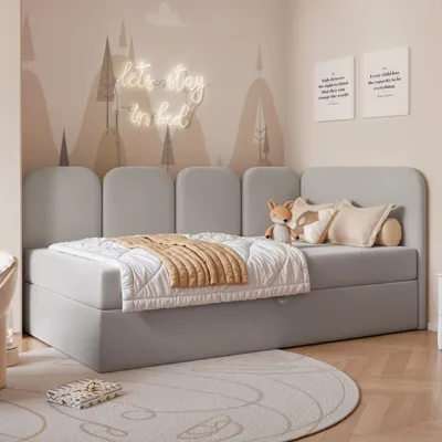 Obrázek produktu pro Dětská postel FINO 120x200 (pravá) s úložným prostorem, matrací Bonell, šedý velur