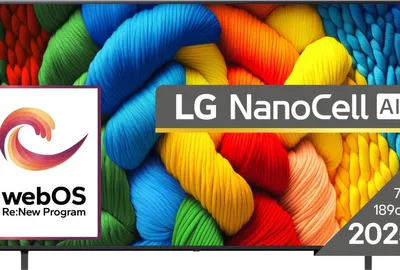 A television screen displaying a colorful abstract image, with marketing overlays for LG NanoCell AI and webOS Re:New Program.