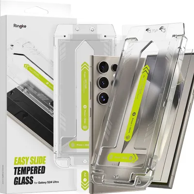 A product shot of a Ringke Easy Slide Tempered Glass screen protector for a Samsung Galaxy S24 Ultra, shown with its packaging and an installation guide.