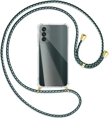 Produktbild von Handykette Backcover-Schutzhülle mit Band (Metall goldfarben) für Samsung Galaxy M13 4G (SM-M135) - grün/blau/weiß
