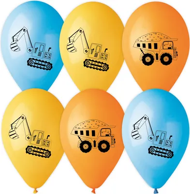 Produktbild von 6 Luftballons bunt sortiert bedruckt zum Thema Baustelle, 28-30 cm/11 inch