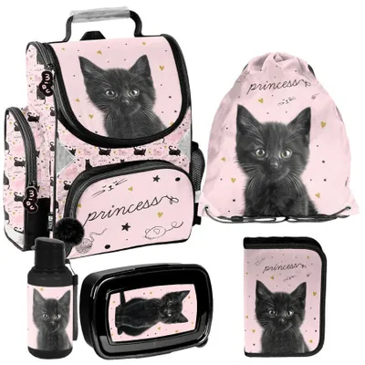 Immagine prodotto di Set da 5 pezzi di zaini per scuola per bambine e bambini GATTO – Paso: zaino, astuccio, borsa, borraccia, borsa per la colazione