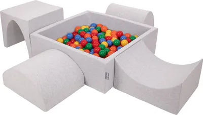 Obrázok produktu pre KiddyMoon Mäkké penové ihrisko pre deti s Štvorec loptičkovým ihriskom (200 ∅ 7 cm) s mäkkými prekážkami a loptičkovým bazénom,  vyrobené v EÚ, Svetlo šedá:Žltá/Zelená/Modrá/Červená/Orang