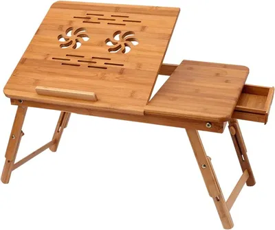 Produktbild von Bambus Laptoptisch Notebooktisch klappbarer Lapdesk mit Schublade, höhenverstellbar Faltbare Betttisch für Lesen oder Frühstücks, Zeichentisch und Esstisch für Bett 55 x (22.8-31) x 35 cm