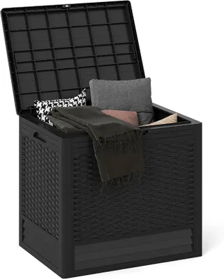 Imagen del producto de Caja de jardín de 96 litros, resistente al agua, ideal para interiores y exteriores. Caja de almacenamiento con cerradura, diseño similar al ratán, perfecta para guardar cojines, paquetes, accesorios para la piscina y herramientas de jardín (negra)