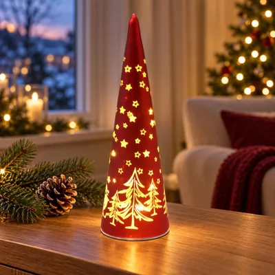Produktbild von LED-Glastanne rot mit Timer und Weihnachtsmotiv – 25 cm