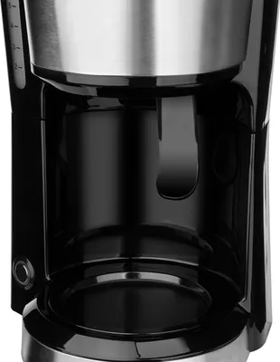 Close-up view of the top part of a black coffee maker with a stainless steel carafe holder.
