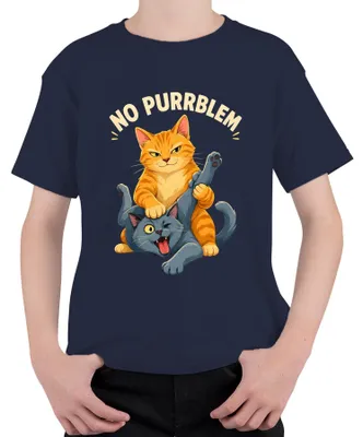 Immagine prodotto di Maglietta per bambini con scritta "No Purrblem", immagine di gatti che giocano e tono sarcastico e divertente, colore blu navy, taglia 104