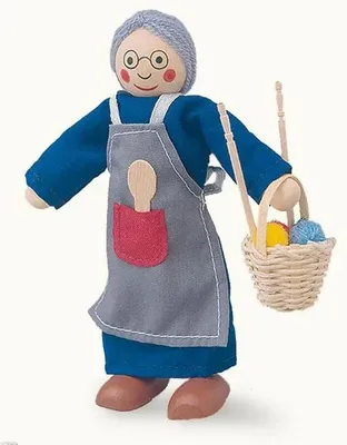 Produktbild von Holz-Biegepuppe Oma Gerda 12cm – Puppenhausfigur mit Strickkorb Kochlöffel