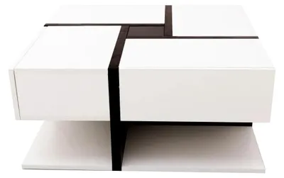 Image de Table basse - Table de salon carrée - 4 tiroirs - Espace de rangement - Design moderne - 78 x 78 x 36 cm - Blanc et noir