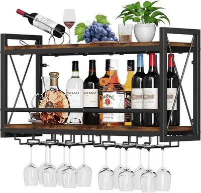 Image de Étagère murale pour bouteilles, dimensions 80 x 20 x 43 cm, en bois et en métal, pour cuisine