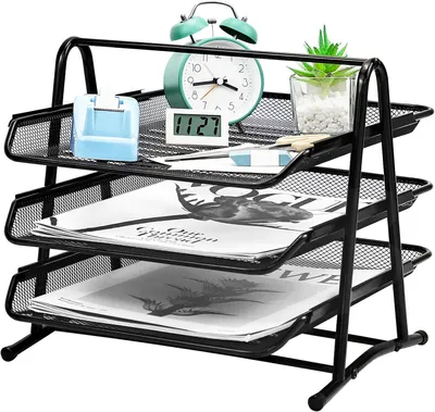 Produktbild von 3-stöckiger, verschiebbarer Papierorganizer aus Metallgitter für Büro, Schule und Zuhause, Schwarz