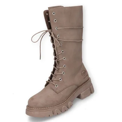 A single taupe lace-up boot with a thick sole, shown against a white background.