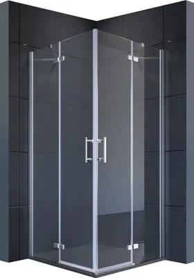 A corner shower enclosure with glass doors and silver handles, set against a dark tiled wall.