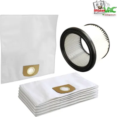 A collection of vacuum cleaner bags and a filter are displayed against a white background.