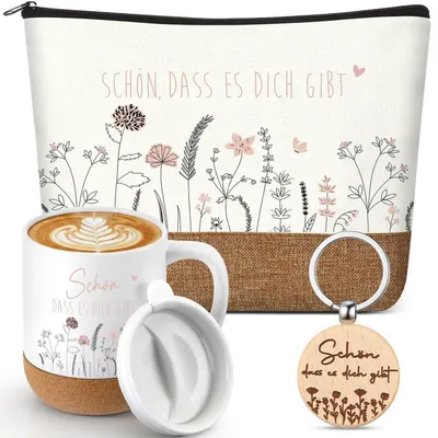 Immagine prodotto di Set regalo di ringraziamento: borsetta per cosmetici, tazza, portachiavi, "Grazie di esistere", cotone, legno di betulla