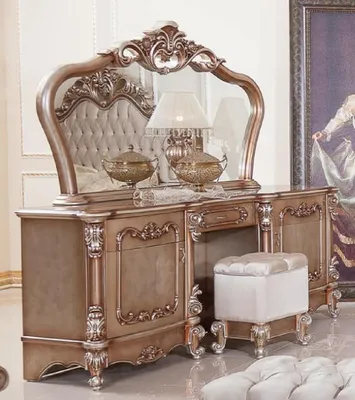 Produktbild von Casa Padrino Luxus Barock Schlafzimmer Set Kupfer / Silber - 1 Barock Schminkkommode & 1 Barock Spiegel & 1 Barock Hocker - Luxus Schlafzimmer Möbel im Barockstil - Edel & Prunkvoll