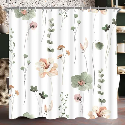 Productafbeelding van Douchegordijn 200x200 cm, saliegroen met bloemenprint, verzwaard onderrand, schimmelwerend, waterafstotend, wasbaar, polyester, met 12 ringen en oogjes, geschikt voor badkamer en badkuip.