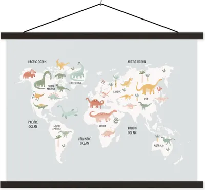 Produktbild von MuchoWow® Textilposter Kinderzimmer - Weltkarte - Dinosaurier 60x45 cm mit schwarzem Rahmen - Poster Schlafzimmer