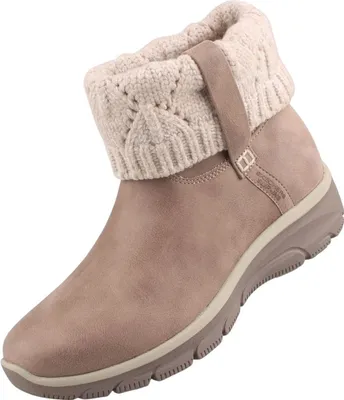 A single taupe boot with a knitted beige cuff is shown against a white background.