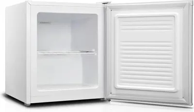 An empty white mini-refrigerator with its door open, showing the interior and the inside of the door.