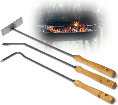 Produktbild von Kaminzubehör Set aus Stocheisen Aschenkratzer Feuerhaken mit Holzgriff Kaminbesteck Schüreisen Schürhaken Glutkratzer (1, Stocheisen+Aschenkratzer+Feuerhaken)