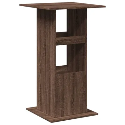 A dark wood-grain bar table with shelves.