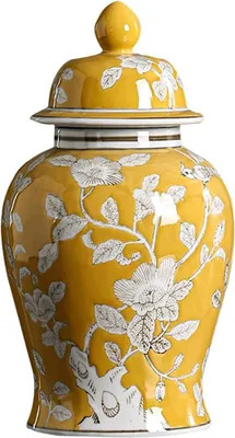Imagen del producto de Jarra de cerámica fina de China, jarra de cerámica amarilla con forma de jengibre y tapa, tradicional jarrón de porcelana decorativo chino con motivos florales, jarrones, decoración de vidrio para sala de estar, estantería