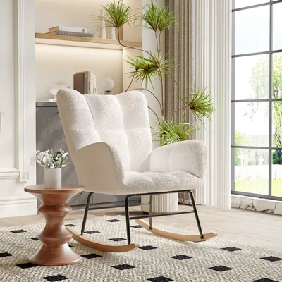 Produktbild von Schaukelstuhl Mid-Century Modern Nursery Schaukelsessel gepolstert hohe Rückenlehne Accent Glider Rocker für Wohnzimmer